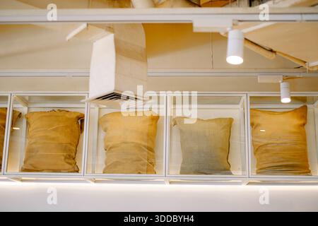 Burlap coffee bean sacks in glass display boxes inside a modern coffee roastery or cafe interior, highlighting raw coffee materials, and artisanal cof Stock Photo