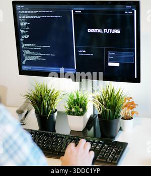 Middle Aged Software Engineer Vibe Codes Landing Page for Artificial Intelligence Based Integrated Development Environment Application Concept Stock Photo