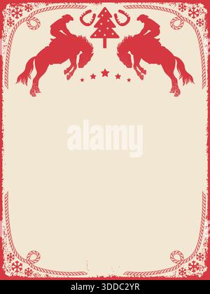 Western Christmas vector illustration with cowboy riding wild horse with the cheerful phrase “Cowboy Christmas!” in a vintage bandana frame. Decorated Stock Vector