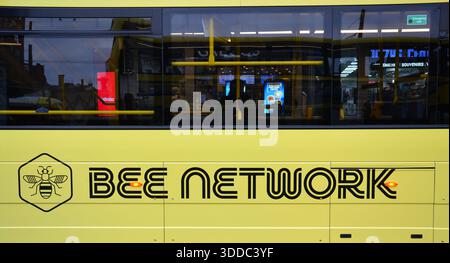 Manchester, UK, 30th December, 2025. Bee Network bus in central Manchester, UK. From March 2026, older and disabled people in  Greater Manchester will get free 24/7 travel on Bee Network buses, with the 9.30am concessionary restriction permanently removed.  The change follows two successful pilots in August and November, benefiting around 400,000 concessionary pass holders.  Credit: Terry Waller/Alamy Live News Stock Photo