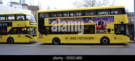 Manchester, UK, 30th December, 2025. Bee Network bus in central Manchester, UK. From March 2026, older and disabled people in  Greater Manchester will get free 24/7 travel on Bee Network buses, with the 9.30am concessionary restriction permanently removed.  The change follows two successful pilots in August and November, benefiting around 400,000 concessionary pass holders.  Credit: Terry Waller/Alamy Live News Stock Photo