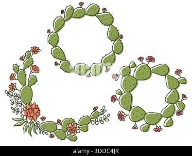 Cactus Floral Frame. Hand drawn green cactus with flowers. Vector set cacti, aloe and succulent Collection of exotic plants hand drawn color illustrat Stock Vector
