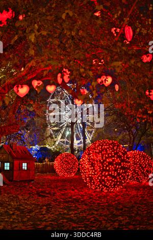 Close Up of Deciduous Tree Decorated with Red Heart Shaped Christmas Lights in Vienna Stock Photo