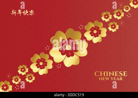 retro window grille, blooming peony flowers and red lanterns on a red background. Chinese translation : " Fortune comes with blooming flowers. " Stock Vector