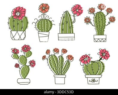 Cactuses. Hand drawn outline cactus with flowers. Vector set color cacti, aloe and leaves Collection of exotic plants hand drawn illustration isolated Stock Vector