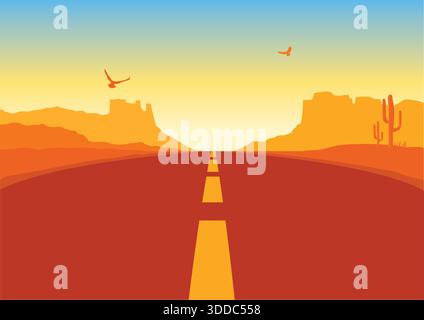 American road in desert nature background. Vector Arizona prairie landscape with mountains Stock Vector