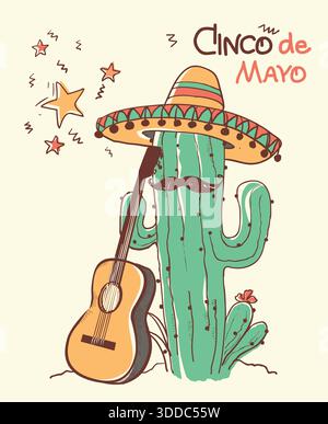 Cinco de mayo Cactus and the guitar.Vector color hand drawn illustration Stock Vector