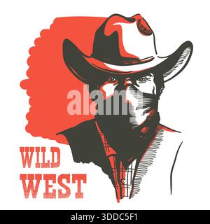 Wild West Cowboy portrait man in bandanna mask. Vector Western bandit man in cowboy hat with text isolated on white Stock Vector