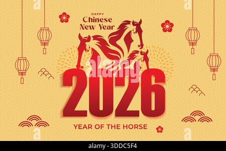 2026. Year of the horse. Chinese new year 2026 banner. Vector modern abstract illustrations of horse, linear chinese lanterns, symbols, asian red back Stock Vector