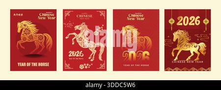 Happy Chinese new year 2026 poster vector set. Year of the horse zodiac template with lantern, horse, coin on red and gold background. Design for card Stock Vector
