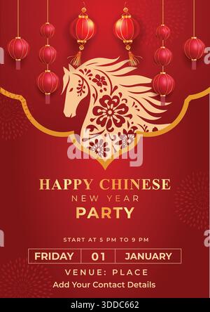 Chinese New Year 2026 Invitation, zodiac horse symbol silhouette. Holiday traditional asian banner, celebration event invitation decor. Chinese greeti Stock Vector