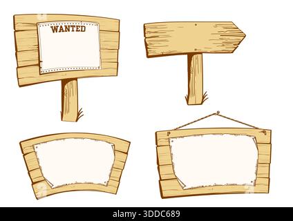 Wooden street signs. Vector set of vintage wood boards with old paper for text isolated on white Stock Vector