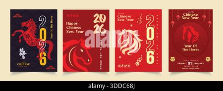 Chinese New Year 2026 modern art design set in red, gold and white colors for cover, card, poster, banner. Chinese zodiac Horse symbol. Hieroglyphics Stock Vector