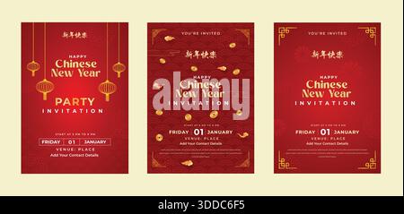 Set of Chinese New Year invitation cards in red and gold colors. zodiac symbol and traditional asian elements like lantern and floral pattern for luna Stock Vector