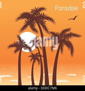 Tropical island paradise background with palms silhouette and sky illustration. Vector seascape poster illustration Stock Vector