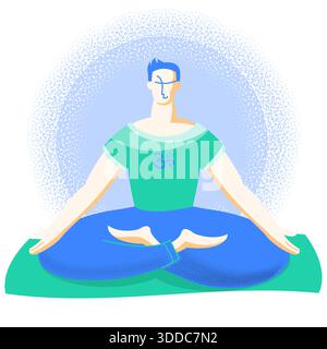 Yoga time. Young man in sport clothes in lotus position practicing yoga meditation on a sport mat. Stock Vector