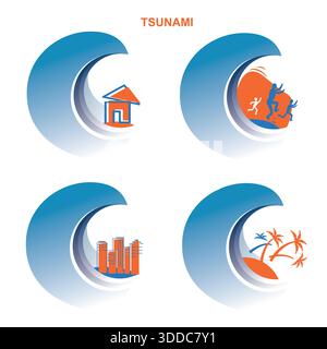tsunami flood disaster.Vector symbols illustration on white Stock Vector