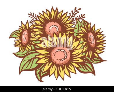 Sunflowers. Vintage vector sketch bouquet sunflowers. Vector color printable floral isolated on white for design Stock Vector