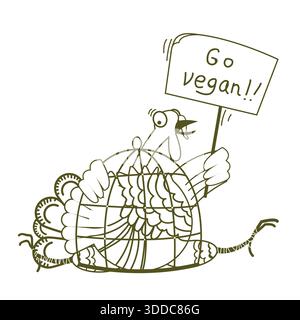 Go vegan. Thanksgiving turkey bird sits in a cage and protests on vector illustration with text Stock Vector