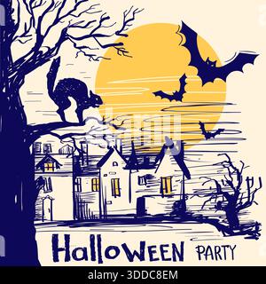 Halloween party card with castle and old tree. Vector hand drawn illustration with text Stock Vector