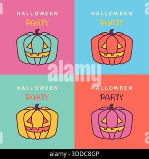 Halloween party cards with pumpkins on color illustration with text Stock Vector