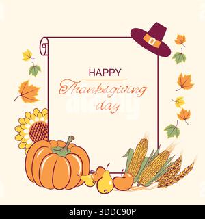 Happy Thanksgiving background with seasonal decoration and text on scroll paper Stock Vector