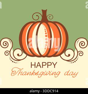 Happy Thanksgiving card with pumpkin and decorative vignettes and holiday text Stock Vector