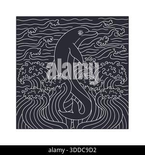 Art nouveau dolphin silhouette jumping from sea waves hand drawn vector illustration Stock Vector
