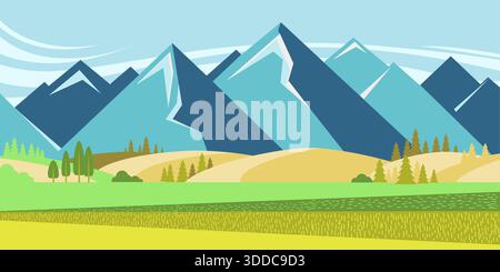 Nature landscape with sun, fields and trees vector abstract color illustration. Vector color posters of nature landscape Stock Vector