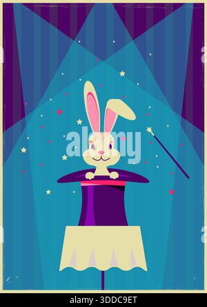 Rabbit in magical hat.Vector magic show background for text Stock Vector