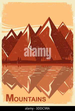 Mountain landscape with mountain lake .Vector vintage poster on old paper background Stock Vector