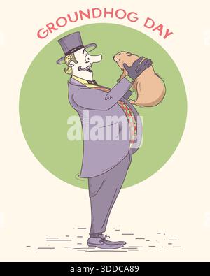 Groundhog day holiday hand drawn vintage illustration.Gentleman in vintage clothes holding marmot in his hands Stock Vector