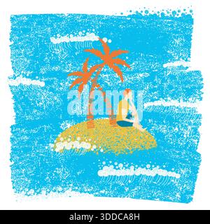 Lonely man sitting on an palm island and looking to sea waves Stock Vector