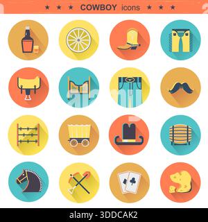 Cowboy web icons isolated on white.Set of wild west flat style icons Stock Vector