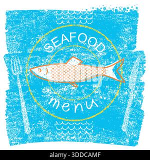 Seafood restaurant menu on blue old paper vintage background with text Stock Vector