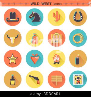 Wild west web icons isolated on white.Set of cowboy flat style icons Stock Vector
