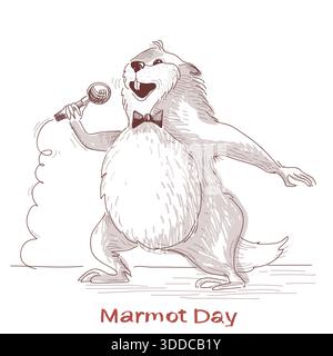 Happy Groundhog day with marmot singer.Vector hand drawn illustration isolated on white Stock Vector