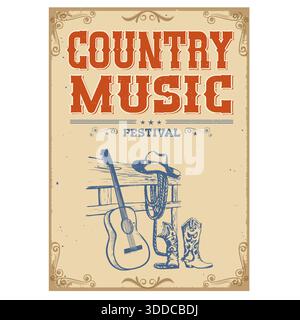 Country music festival poster background with acoustic guitar and lettering on old paper texture. Retro music poster decoration Stock Vector
