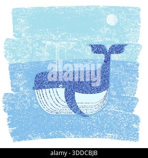 Whale and blue sea. Vector abstract illustration of sea landscape Stock Vector
