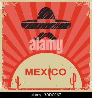 Mexican style poster with sombrero on old paper with text Stock Vector