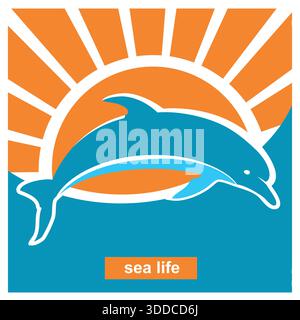 Dolphin jumping in blue sea waves.Vector poster illustration in flat style for text Stock Vector