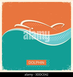 Dolphin symbol vintage poster with blue sea wave background for text Stock Vector