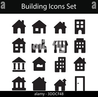 Building icons set house, factory, apartment and architecture silhouette vector Stock Vector