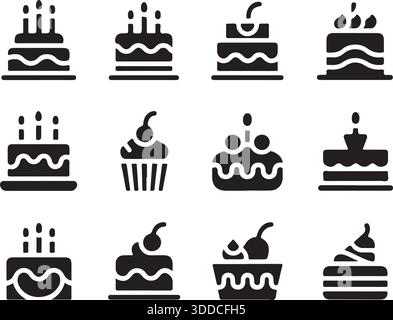 Title Birthday Cake and Cupcake Icon Set Silhouette Vector for Bakery and Party Design Stock Vector