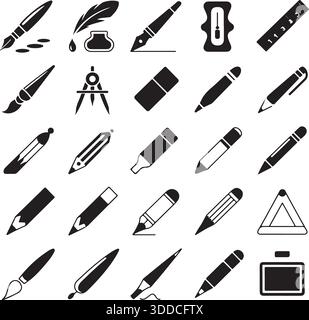 Title Stationery Writing Tool Icon Set Silhouette Vector for School and Office Design Stock Vector