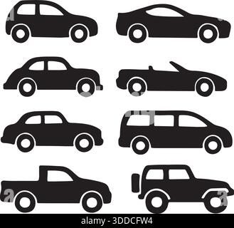 Car Silhouettes Set Compact, Sports, Sedan, Convertible, Minivan, Pickup, and Off-Road Vehicles Vector Illustration Stock Vector