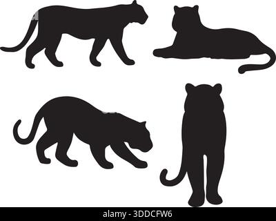 silhouette illustration featuring five tiger in various poses Stock Vector