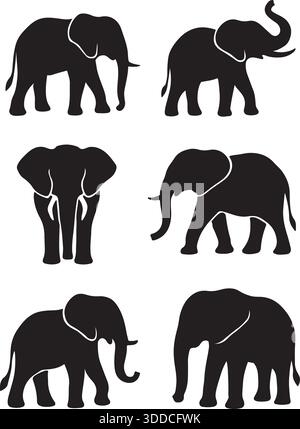 Elephant Silhouette Vector Illustration Set Stock Vector