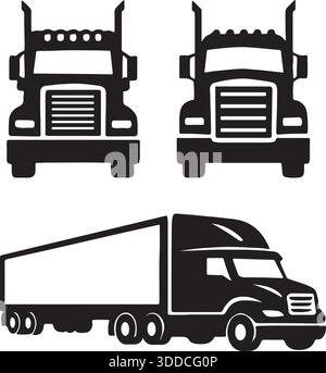 Semi Truck Silhouettes Black and White Vector Illustration of Front and Side View Trucks Stock Vector