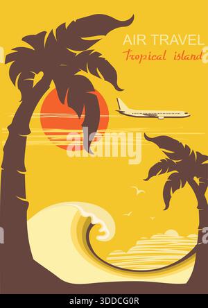 Tropical island paradise background with palms silhouette and sky illustration. Vector seascape poster illustration Stock Vector